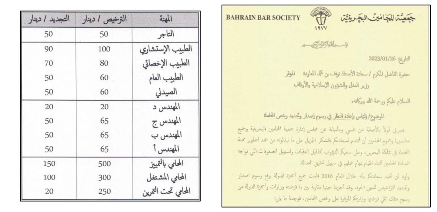 مخاطبة سعادة وزير العدل بشأن الرسوم الخاصة برخصة المحاماة
